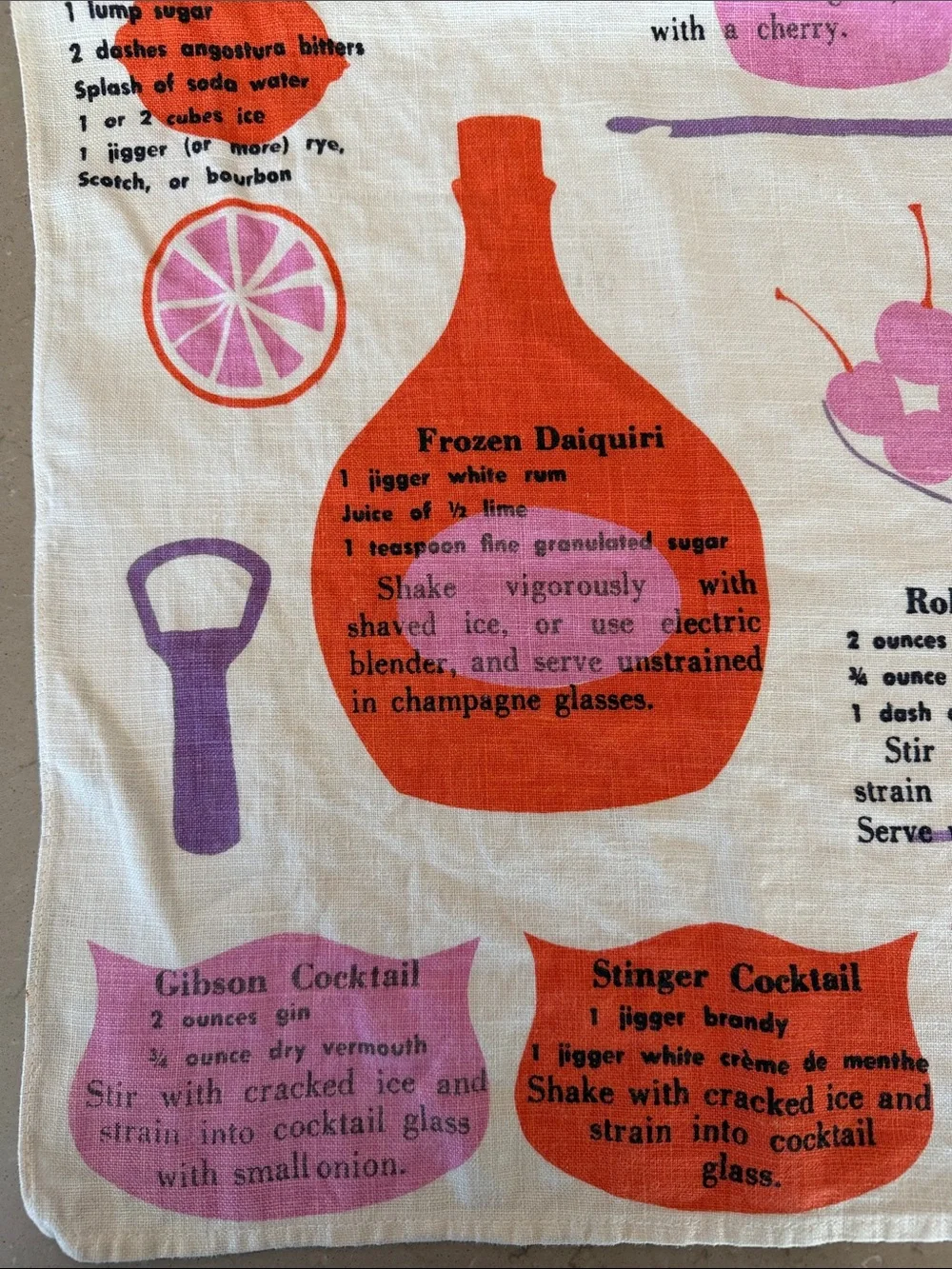 Vintage Luther Travis Cocktail Recipe Kitchen Tea Towel MCM - Pink Orange Purple